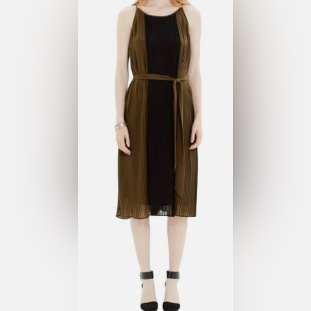 Madewell Pleated Colorblock Midi Dress in Olive and Black - Size 4